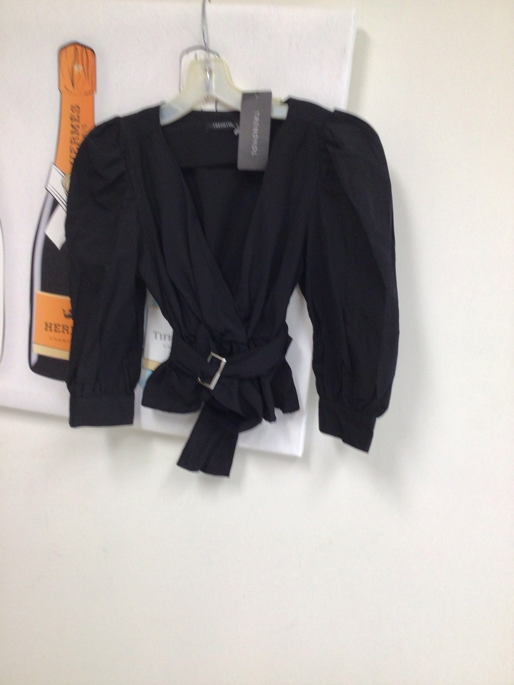 Trendyol  Black Puff-Sleeve Wrap Top with Belt NWT